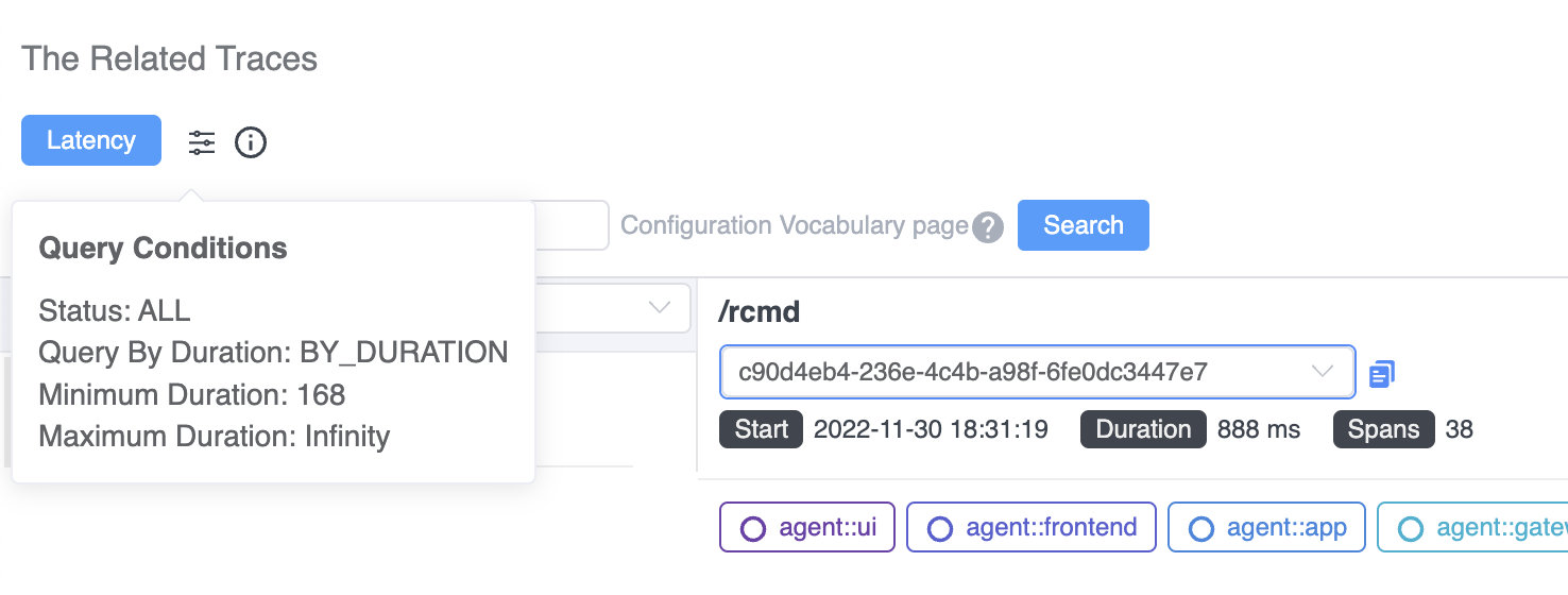 Figure 4: SkyWalking’s query UI for searching for related traces showing traces for requests that exceed a particular duration threshold.