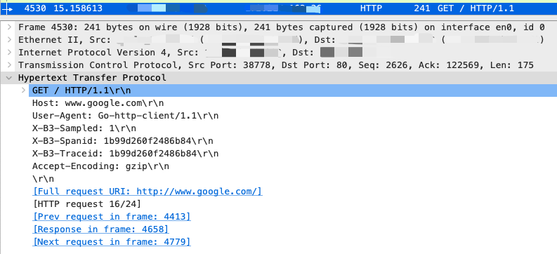 Figure 4: View of HTTP headers in Wireshark.